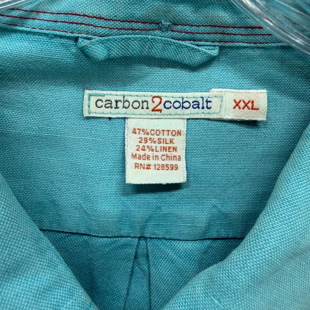 Carbon 2 Cobalt Shirt Mens XXL Teal Silk Linen Cotton Long Sleeve Button Up - Picture 5 of 9